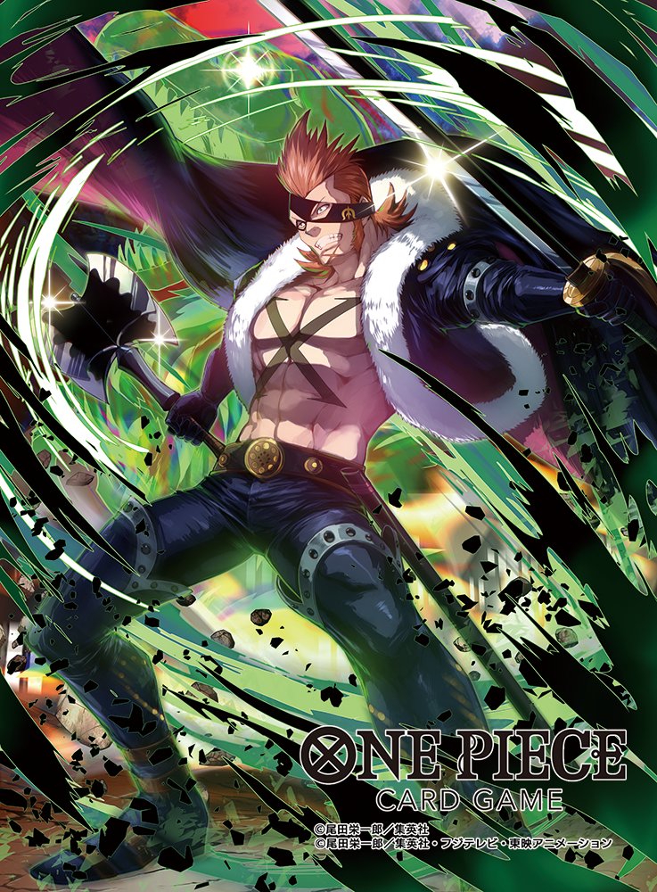1boy abs belt chest_tattoo clenched_teeth commentary_request copyright_name cropped_jacket dinosaur eye_mask full_body glint gloves holding holding_sword holding_weapon leather leather_pants looking_ahead male_focus moreshan official_art one_piece one_piece_card_game orange_hair pants pebble scar scar_on_face solo sword tattoo teeth weapon wind x_drake