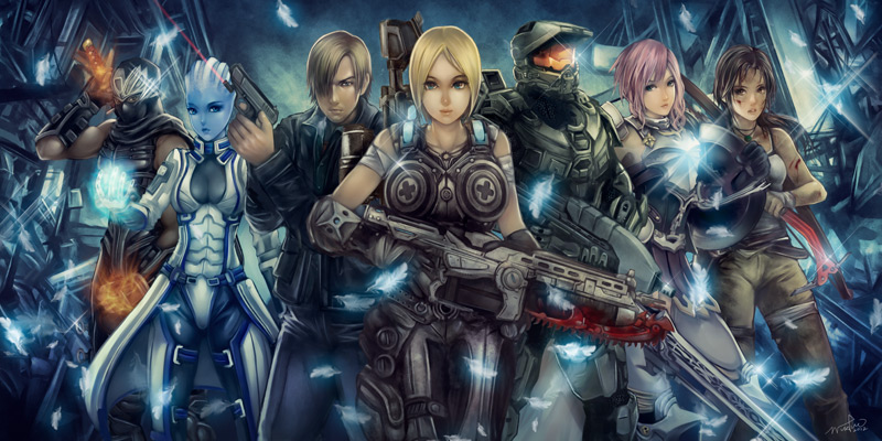 10s 3boys 4girls alien animification anya_stroud armor asari_(mass_effect) assault_rifle blonde_hair blood blue_eyes bow_(weapon) breasts chainsaw cleavage crossover elbow_gloves final_fantasy final_fantasy_xiii final_fantasy_xiii-2 gears_of_war gloves glowing group_picture group_profile gun hair_over_one_eye halo_(game) halo_(series) handgun injury lancer_(gears_of_war) lara_croft laser_sight leon_s._kennedy liara_t&#039;soni lightning_farron lineup mass_effect_(series) mass_effect_1 master_chief multiple_boys multiple_crossover multiple_girls muscular ninja ninja_(final_fantasy) ninja_gaiden pistol profile pteruges resident_evil resident_evil_4 resident_evil_6 rifle ryu_hayabusa tomb_raider weapon wing_shooter wuduo