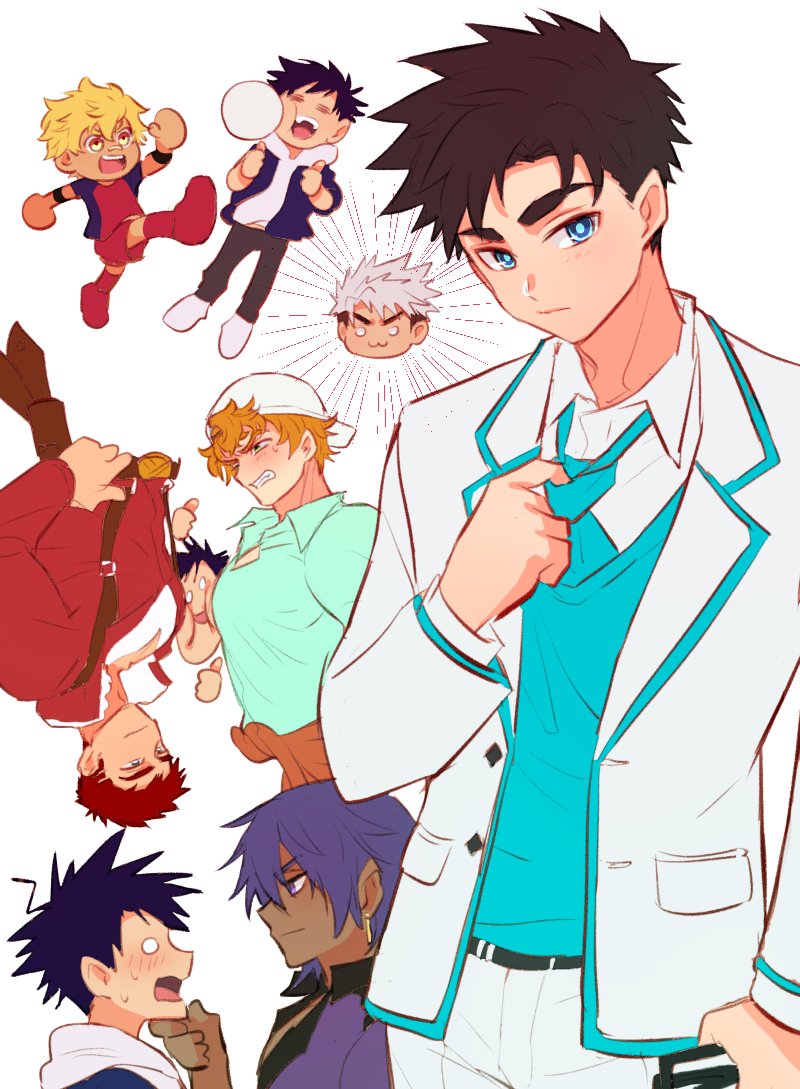 6+boys ace_anderson avan_geiserford black_hair blue_eyes blue_jacket blue_necktie blue_sweater_vest blush bryce_callahan chibi chibi_inset coat collared_coat cseighteen derek_kingsfield green_shirt hand_on_another&#039;s_chin hood hoodie jacket jacket_over_hoodie jock_studio_(blits_games) leo_mendez_(jock_studio) male_focus multiple_boys nakajima_yuuto necktie orange_hair pants purple_hair red_hair shirt short_hair sweater_vest white_background white_coat white_hoodie white_pants zayne_alexander