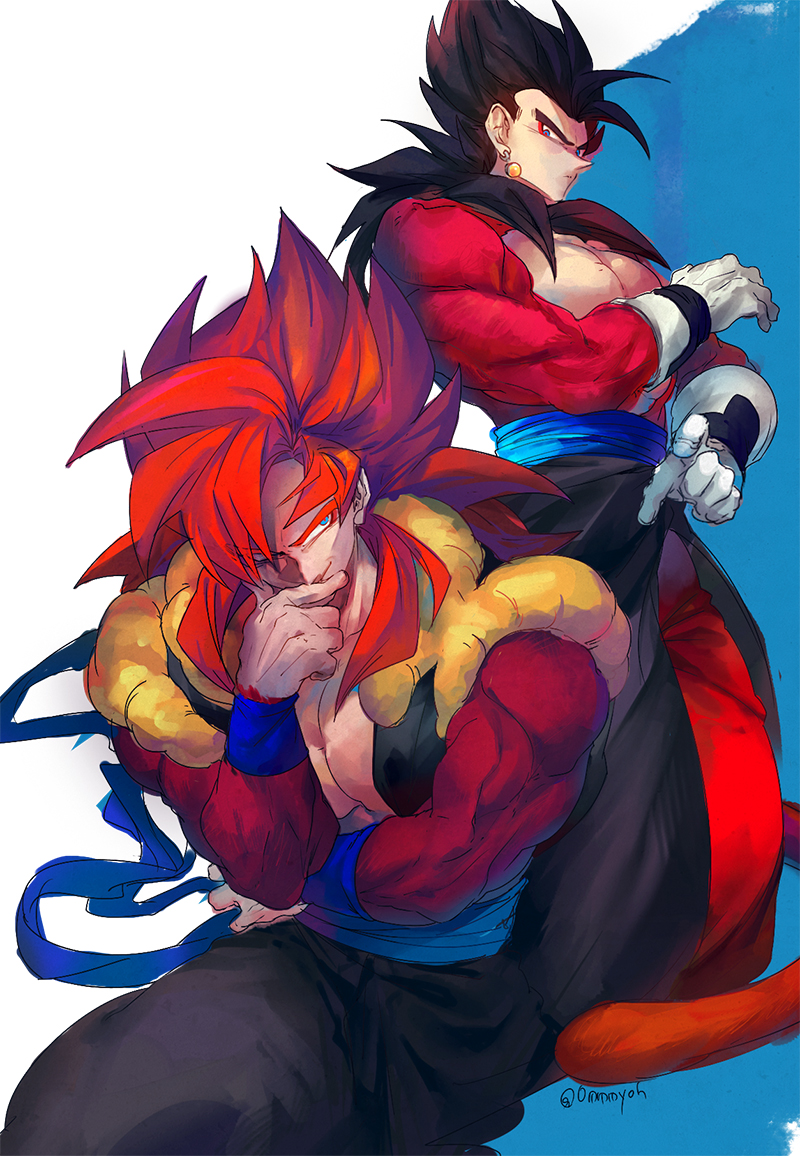 black_hair blue_eyes blue_sash closed_mouth dougi dragon_ball dragon_ball_heroes earrings gloves gogeta gogeta_(xeno) jewelry long_hair looking_at_viewer male_focus metamoran_vest monkey_boy monkey_tail multiple_boys muscular muscular_male ommmyoh pants potara_earrings red_fur saiyan sash smile spiked_hair super_saiyan super_saiyan_4 tail time_patrol_(dragon_ball) twitter_username vegetto vegetto_(xeno)