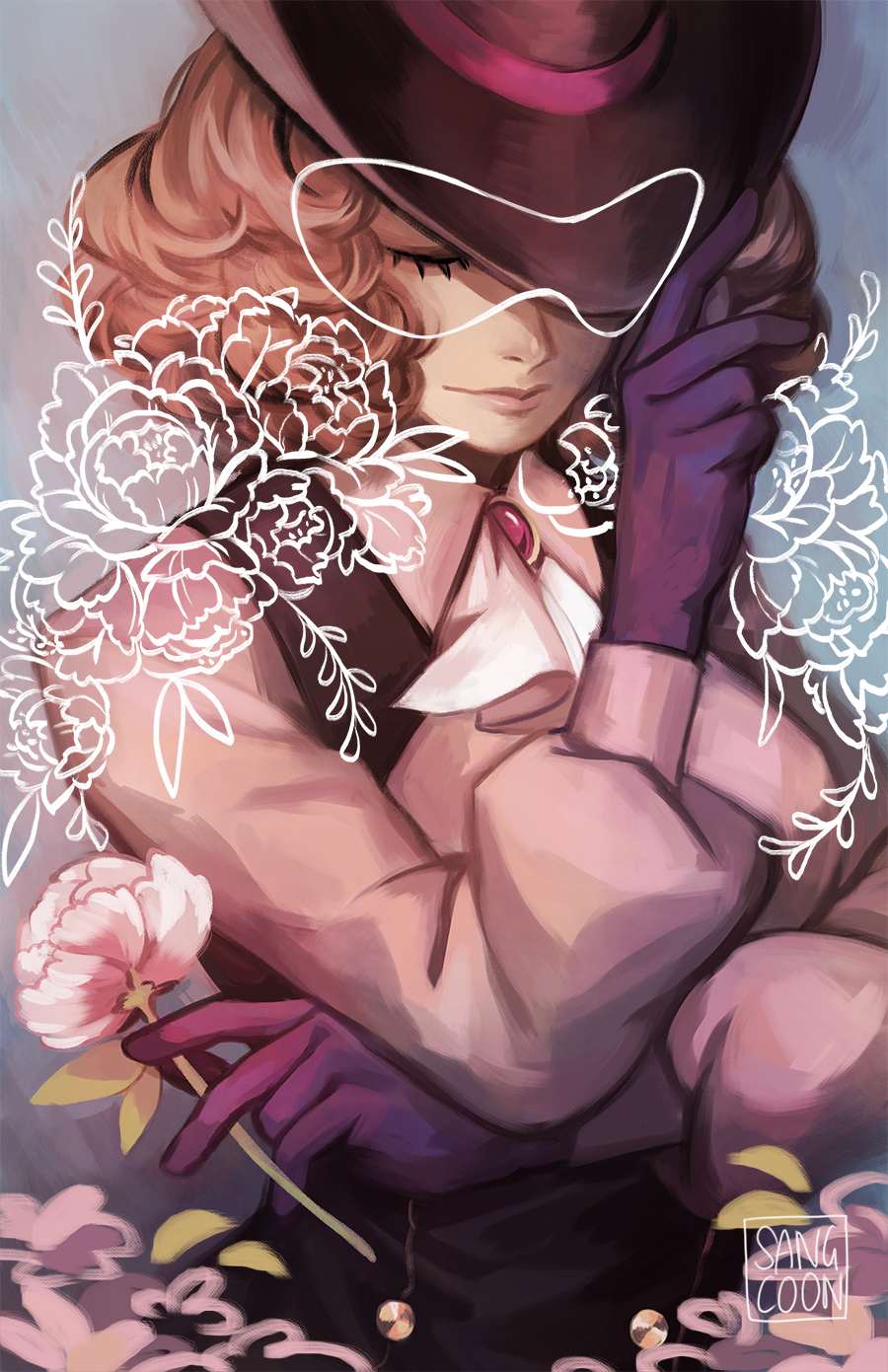 10s 1girl artist_name brown_hair closed_eyes curly_hair female_focus flower gloves hat head_down highres leaf okumura_haru persona persona_5 puffy_sleeves purple_gloves rose sangcoon signature smile solo upper_body vest white_flower white_rose