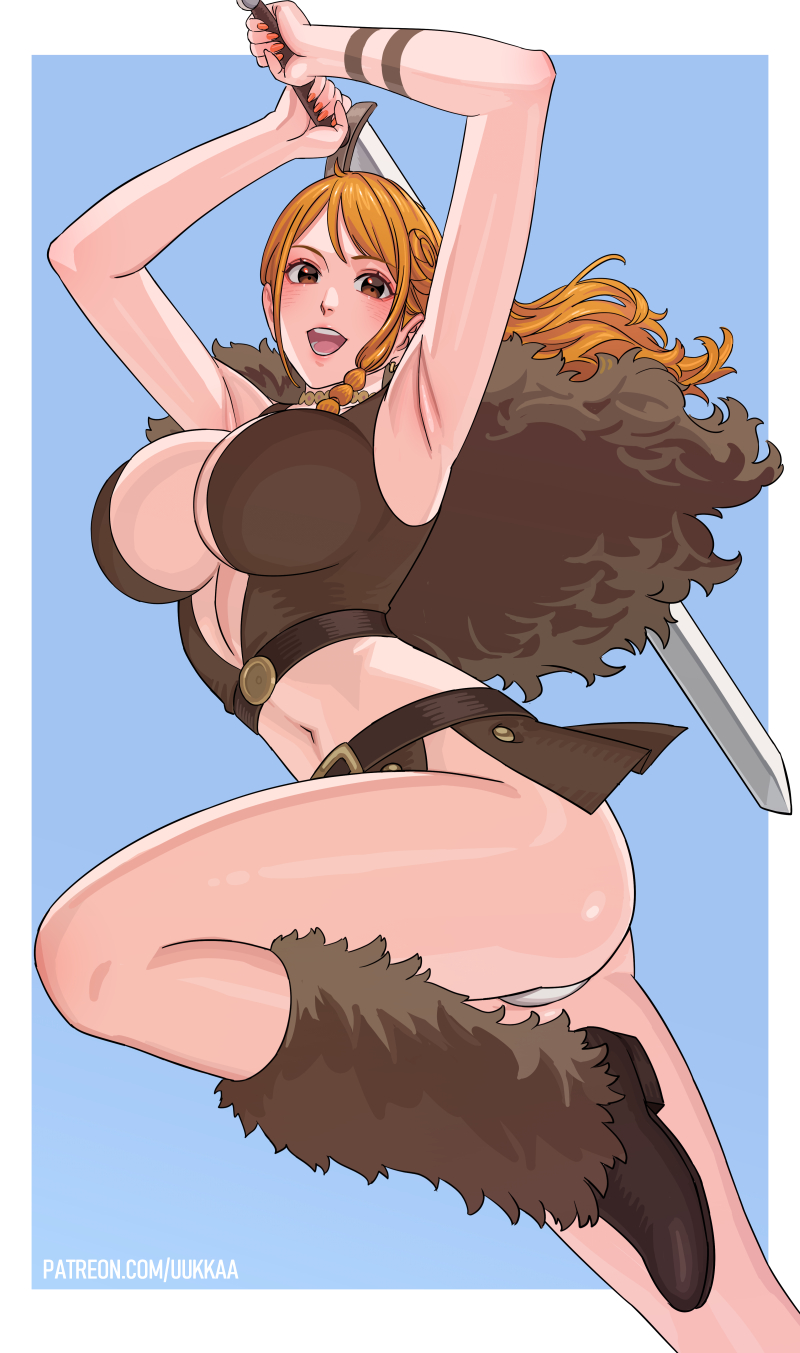 1girl ass blue_background boots border braid breasts brown_boots brown_eyes cape cleavage fur_cape highres large_breasts leg_warmers long_hair looking_at_viewer midriff nami_(one_piece) nami_(one_piece)_(elbaf) navel one_piece open_mouth orange_hair orange_nails outside_border panties smile solo sword underwear uukkaa weapon white_border white_panties