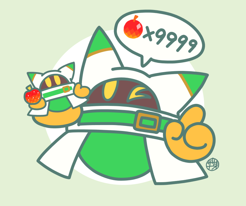 apple capelet food fruit full_body grey_background index_finger_raised kirby_(series) looking_at_viewer magolor nintendo no_humans one_eye_closed rayman_limbs sasakinao signature solid_oval_eyes solo speech_bubble white_capelet yellow_eyes