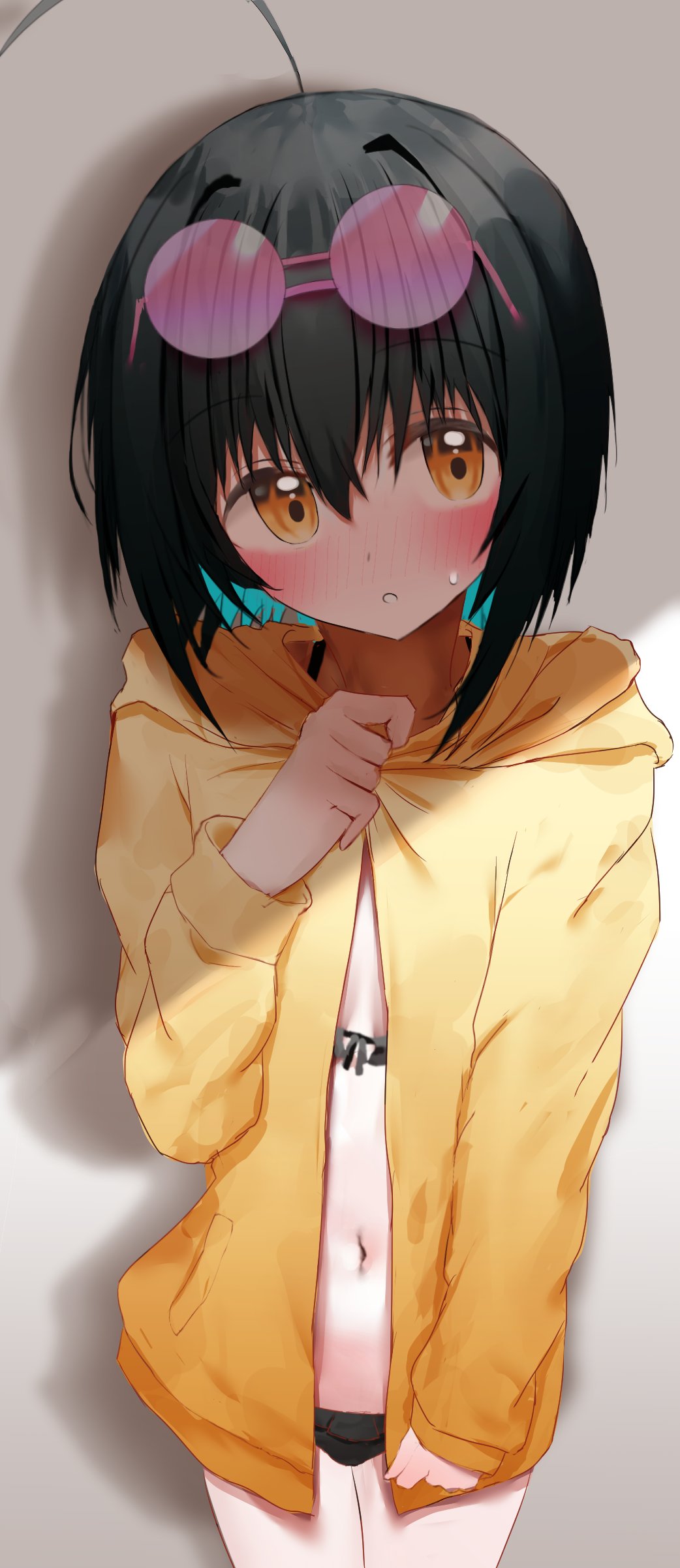 1girl absurdres ahoge ashinagi_(bijutu1) bikini bikini_under_clothes black_bikini black_hair blush cloak eyewear_on_head full-face_blush highres idolmaster idolmaster_cinderella_girls kohinata_miho looking_at_viewer navel short_hair solo sunglasses sweatdrop swimsuit yellow_eyes