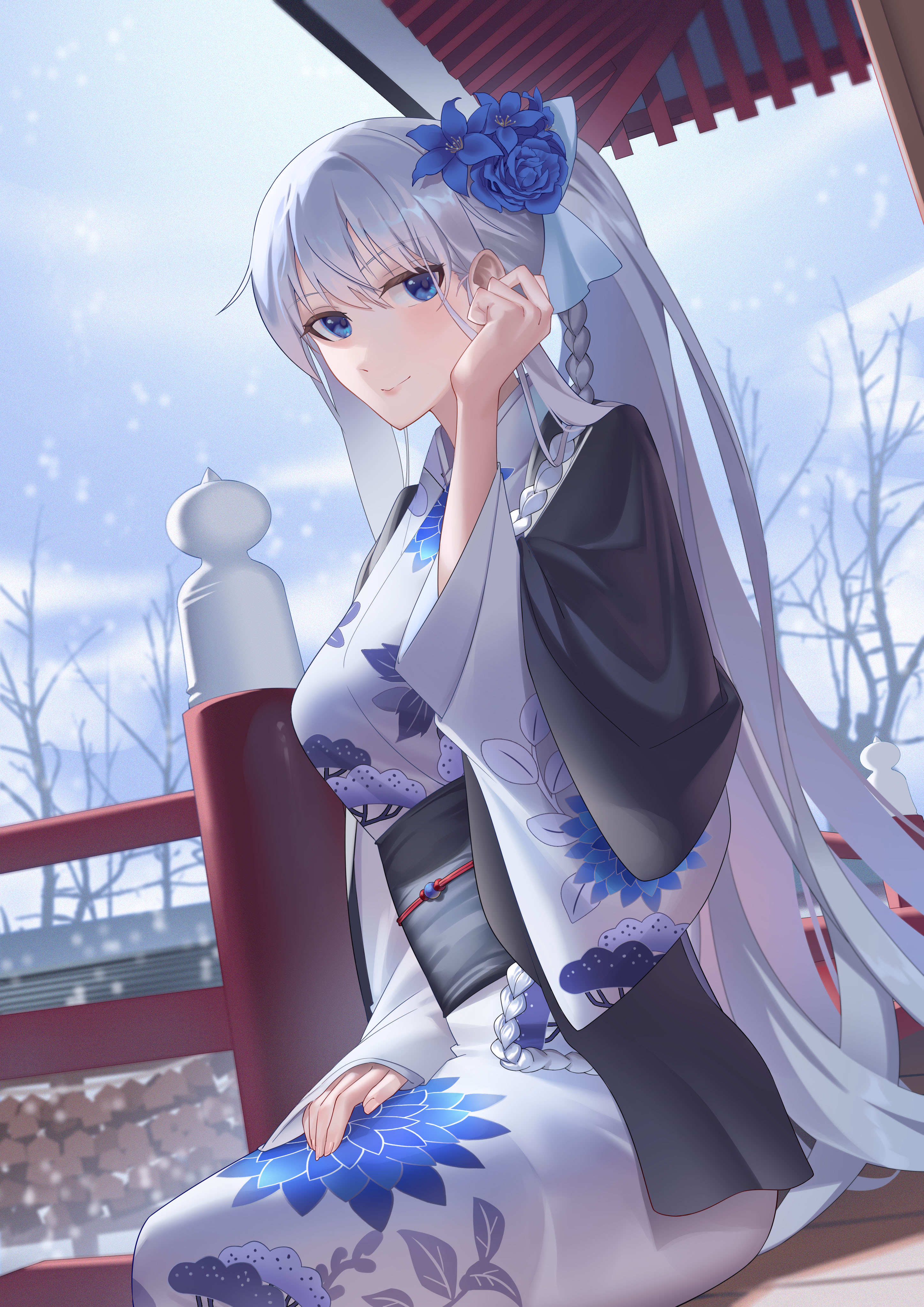 1girl absurdres black_kimono blue_eyes blue_flower bow braid fate/grand_order fate_(series) floral_print flower grey_hair grey_kimono hair_bow hair_flower hair_ornament haori highres japanese_clothes kimono layered_clothes long_hair long_sleeves looking_at_viewer morgan_le_fay_(fate) morgan_le_fay_(fgo_fes._2023)_(fate) obi ponytail print_kimono sash sidelocks solo sunflower_print very_long_hair white_kimono wide_sleeves zero_yee