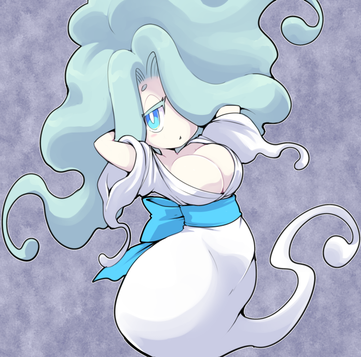 1girl aqua_hair blue_eyes breasts cleavage en&#039;enra enraenra_(youkai_watch) floating hair_over_one_eye half-closed_eyes large_breasts long_hair nollety solo traditional_youkai youkai_(youkai_watch) youkai_watch
