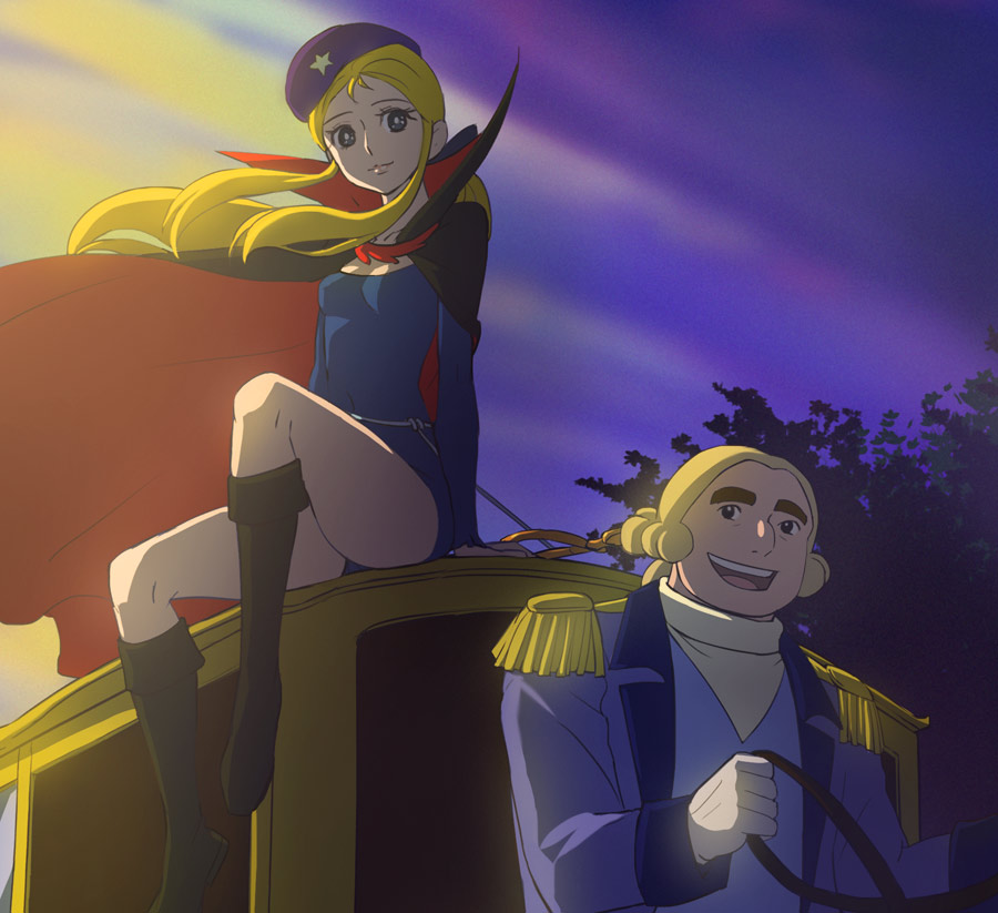 1boy 1girl beret black_footwear blonde_hair blue_eyes boots breasts cape character_request cleavage epaulettes haruyama_kazunori hat la_seine_no_hoshi long_hair open_mouth simone_(la_seine_no_hoshi) sitting small_breasts smile