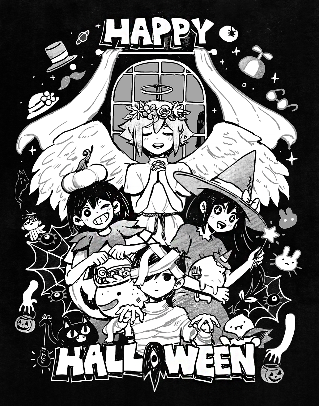 +_+ 2girls 4boys angel aubrey_(omori) basil_(omori) bow bug bug_bunny_(omori) cat closed_eyes facing_viewer fake_halo fake_wings ghost_bunny_(omori) glasses_ghost_(omori) greyscale grin halloween halloween_costume halo happy_halloween hat hat_bow hat_ribbon head_wreath hero_(omori) highres holding holding_stuffed_toy interlocked_fingers kel_(omori) long_hair looking_at_viewer mari_(omori) mewo monochrome multiple_boys multiple_girls mummy_costume mustache_ghost_(omori) omocat omori one_eye_closed open_mouth parted_lips propeller_ghost_(omori) ribbon short_hair short_sleeves silk smile something_(omori) spider spider_web sprout_mole stuffed_eggplant stuffed_toy sunhat_ghost_(omori) sunny_(omori) teeth upper_teeth_only when_you_see_it wings witch_hat