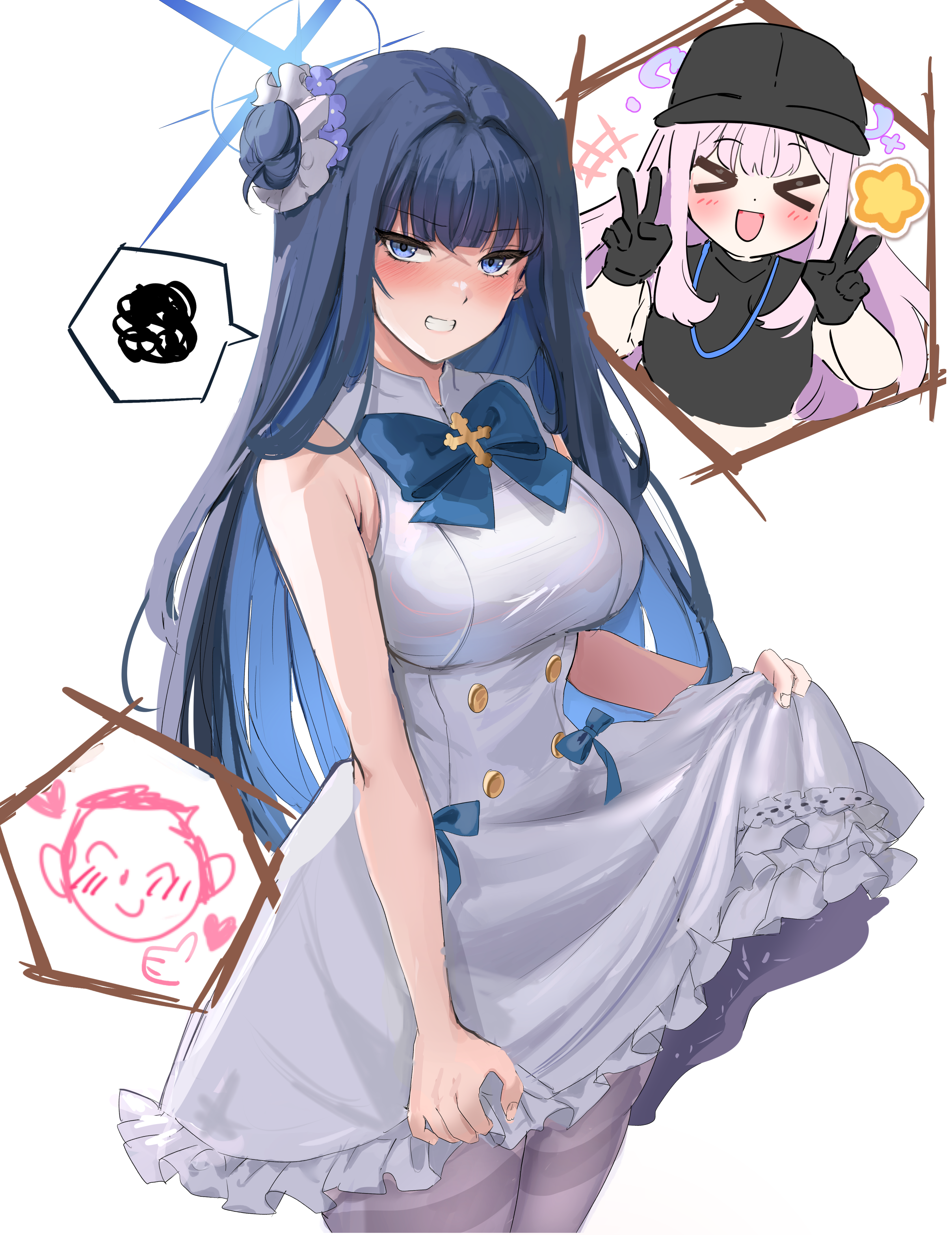 >_< 1other 2girls :o ^_^ absurdres black_gloves black_shirt blue_archive blue_eyes blue_hair blush breasts clenched_teeth closed_eyes colored_inner_hair commentary cosplay costume_switch crop_top doodle_sensei_(blue_archive) double_v dress embarrassed gloves hair_bun halo heart highres hinaumma inset large_breasts long_hair looking_at_viewer mika_(blue_archive) mika_(blue_archive)_(cosplay) multicolored_hair multiple_girls pink_hair revision saori_(blue_archive) saori_(blue_archive)_(cosplay) sensei_(blue_archive) shirt single_side_bun sleeveless sleeveless_dress sleeveless_shirt speech_bubble spoken_squiggle squiggle teeth two-tone_hair v very_long_hair white_dress