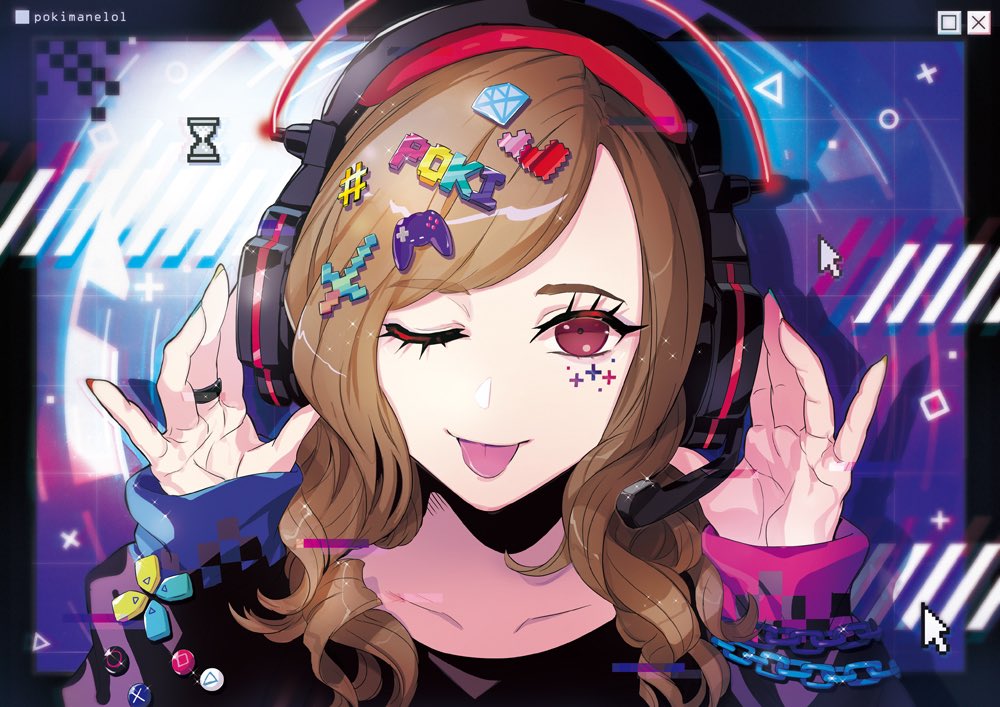 1girl brown_hair commentary english_commentary hair_ornament headphones jewelry long_hair long_sleeves looking_at_viewer offlinetv one_eye_closed pokimane puppeteer7777 real_life ring smile solo tongue tongue_out upper_body
