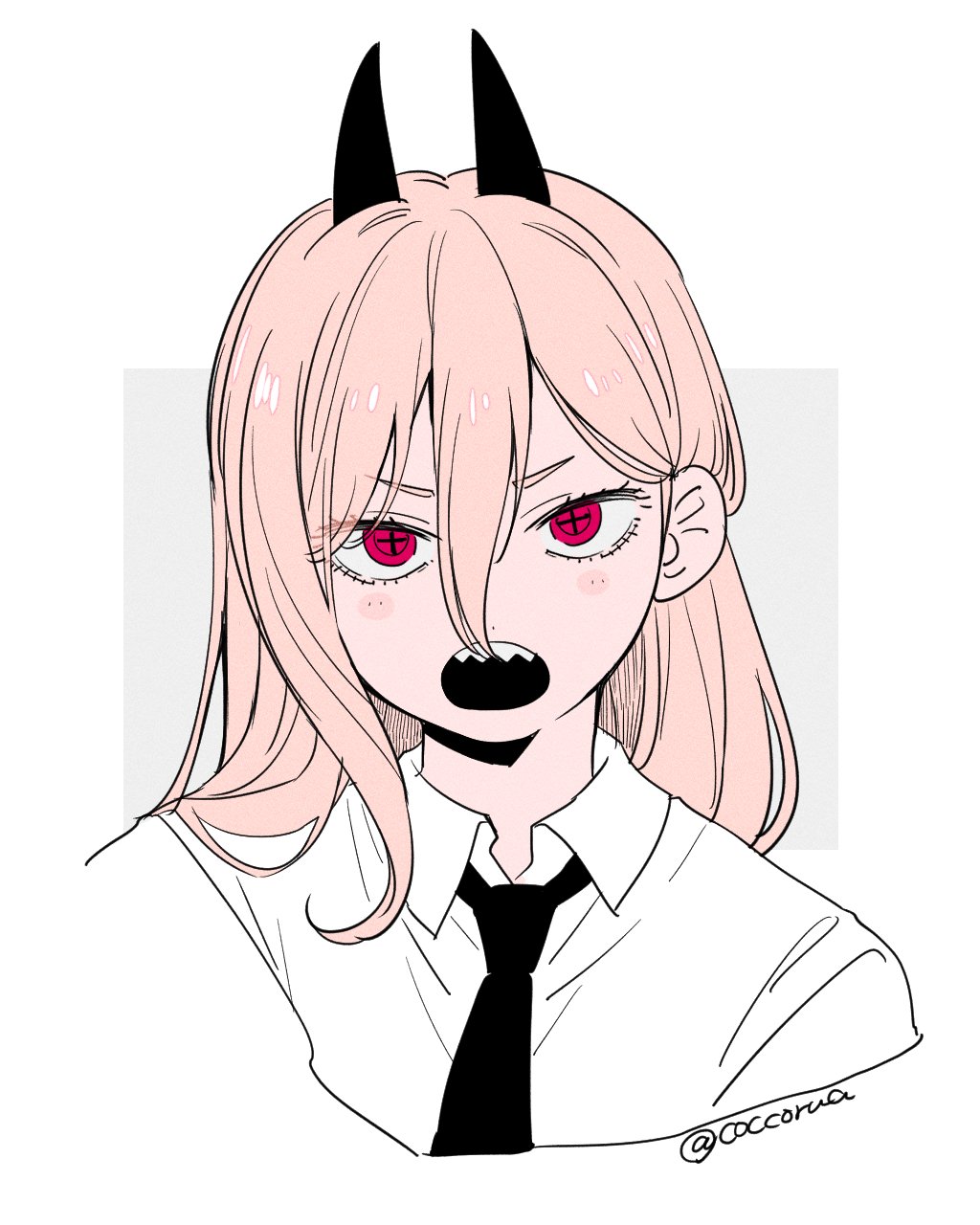 1girl black_horns black_mouth black_necktie blonde_hair border chainsaw_man collared_shirt commentary_request cropped_shoulders cross-shaped_pupils demon_girl demon_horns double-parted_bangs eyes_visible_through_hair grey_background hair_behind_ear hair_between_eyes highres horns long_hair looking_at_viewer mommorua necktie open_mouth outside_border power_(chainsaw_man) red_eyes sharp_teeth shirt simple_background solo symbol-shaped_pupils teeth upper_teeth_only v-shaped_eyebrows white_border white_shirt