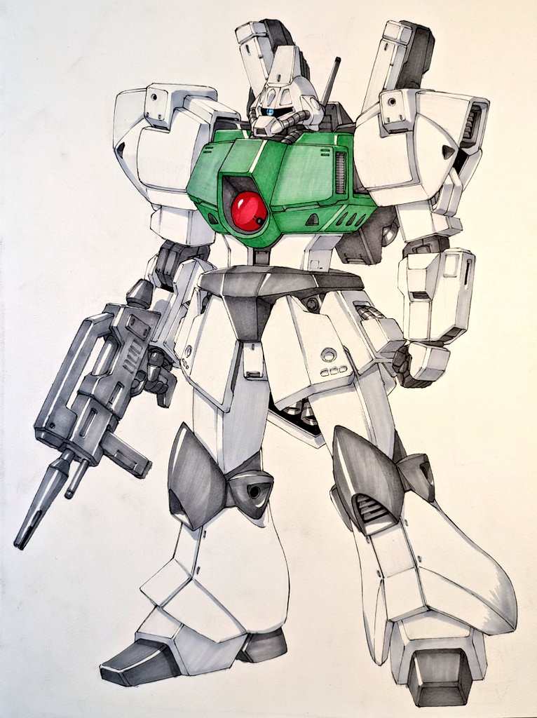 arms_at_sides beam_rifle blue_eyes clenched_hand commentary_request eclogue.566 energy_gun finger_on_trigger full_body galbaldy_beta gun gundam holding holding_gun holding_weapon legs_apart mecha mecha_focus mobile_suit moon_gundam no_humans one-eyed radio_antenna robot science_fiction simple_background solo standing traditional_media weapon white_background