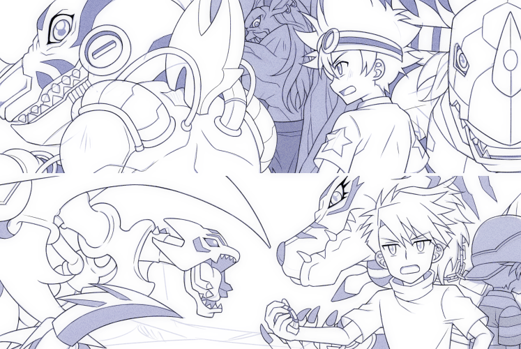 cyborg digimon digimon_(creature) digimon_adventure:_(2020) goggles goggles_on_head ishida_yamato leomon looking_at_another metalgarurumon metaltyranomon scorpmon sharp_teeth takaishi_takeru teeth weregarurumon yagami_hikari