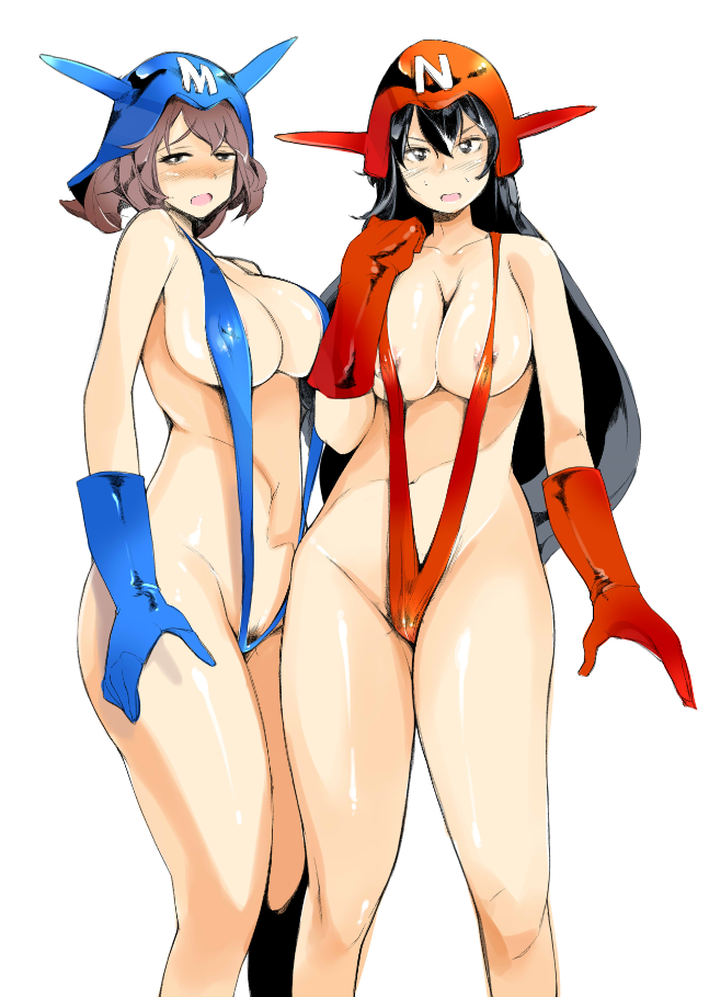 10s 2girls areola_slip bad_id bad_pixiv_id black_eyes black_hair blush breasts brown_hair cleavage downtown_no_gottsu_ee_kanji embarrassed female_pubic_hair gloves helmet huge_breasts kantai_collection large_breasts long_hair looking_at_viewer multiple_girls mutsu_(kancolle) nagato_(kancolle) pubic_hair short_hair slingshot_swimsuit sweatdrop swimsuit topo_(bacchustab) topo_bevitore white_background