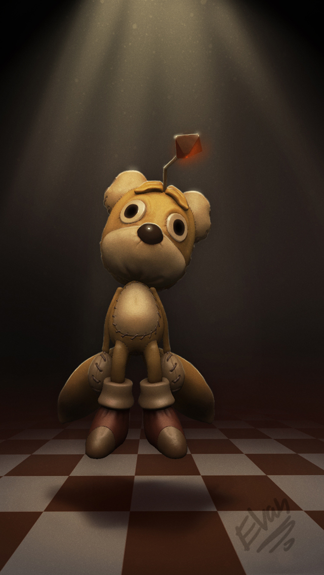 3d artist_name character_doll checkered_floor evan_stanley floating floating_object gem horror_(theme) indoors light_rays no_humans red_gemstone signature sonic_(series) still_life tails_(sonic) zbrush_(medium)