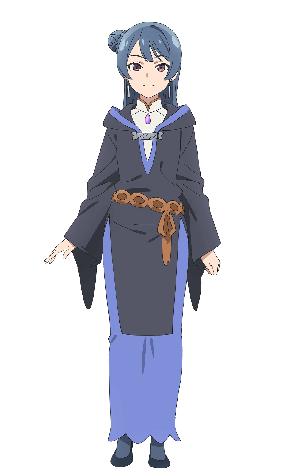 1girl black_robe black_shoes blue_skirt bun_with_braided_base closed_mouth earrings floating_earrings full_body genjitsu_no_yohane hair_bun highres hooded_robe jewelry long_hair long_skirt long_sleeves love_live! love_live!_sunshine!! official_art pink_eyes robe shirt shoes simple_background single_side_bun skirt smile solo split_mouth standing tachi-e transparent_background tsushima_yoshiko&#039;s_mother white_shirt yohane&#039;s_mother_(genjitsu_no_yohane)