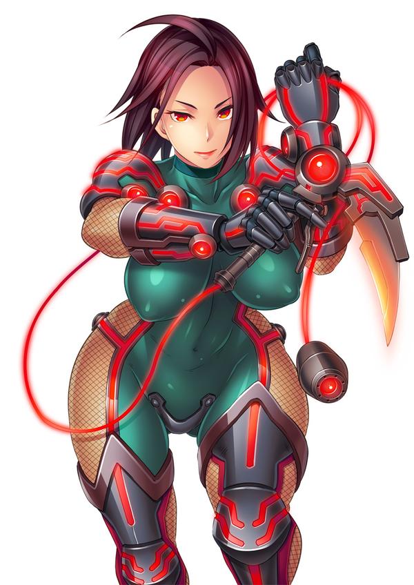 00s 1girl bodysuit breasts brown_hair butcha-u covered_erect_nipples eroquis! female_focus gloves large_breasts looking_at_viewer red_line_(taimanin_asagi) short_hair smile solo taimanin_(series) taimanin_asagi taimanin_asagi_kessen_arena wide_hips