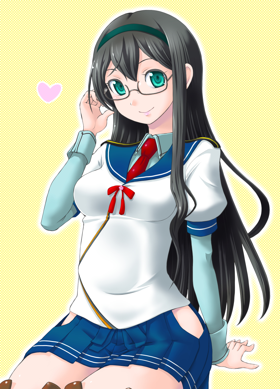 10s 1girl adjusting_hair aqua_eyes arm_support black_hair female_focus glasses hairband heart highres hip_vent kantai_collection long_hair looking_at_viewer ooyodo_(kancolle) school_uniform semi-rimless_eyewear serafuku sitting skirt smile solo under-rim_eyewear yaso_shigeru