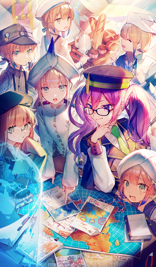 3boys 4girls androgynous atlas_academy_uniform baguette baker_nemo_(fate) beret black-framed_eyewear black_hat black_jacket blonde_hair blue_hair blue_ribbon blue_sailor_collar blunt_bangs book braid bread buttons captain_nemo_(fate) captain_nemo_(first_ascension)_(fate) closed_eyes closed_mouth collared_shirt commentary cup double-parted_bangs engineer_nemo_(fate) fate/grand_order fate_(series) food glasses gradient_hair green_eyes green_necktie grey_shirt hair_between_eyes hand_on_own_chin hat hat_feather holographic_monitor jacket light_rays long_hair long_sleeves low_twintails map marine_nemo_(fate) mebaru multicolored_hair multiple_boys multiple_girls multiple_persona neck_ribbon necktie nemo_(fate) nurse_cap nurse_nemo_(fate) official_art open_mouth paper parted_lips pinstripe_pattern pinstripe_shirt pointing professor_nemo_(fate) purple_eyes purple_hair ribbon rimless_eyewear round_eyewear sailor_collar serving_cart shirt short_hair short_twintails shoulder_boards side_braid sidelocks single_braid sion_eltnam_(type-moon) sion_eltnam_sokaris sitting sleeves_past_fingers sleeves_past_wrists smile suspenders table teacup teapot third-party_source turban twintails white_jacket white_shirt white_turban