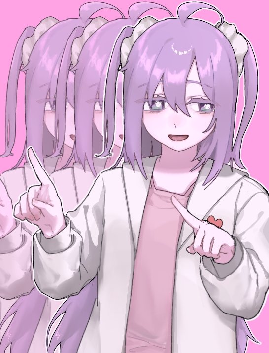 1girl ahoge bags_under_eyes blue_eyes bright_pupils coat dancing hair_ornament hair_scrunchie half-closed_eyes lab_coat long_hair long_sleeves looking_at_viewer mttskkbimkhrkn multiple_views nemuri-chan okusuri_nonde_neyou_(vocaloid) open_clothes open_coat open_mouth pink_background pink_shirt pointing pointing_to_the_side purple_hair recurring_image scrunchie shirt simple_background smile two_side_up upper_body vocaloid white_coat white_pupils