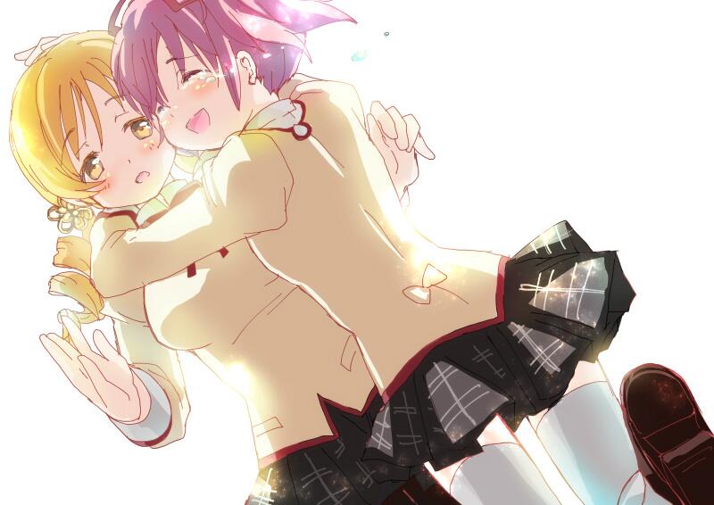 2girls arms_around_neck back_bow backlighting beige_bow black_skirt blonde_hair bow breasts brown_footwear cowboy_shot crying dot_nose drill_hair dutch_angle facing_viewer feet_up flat_chest flower flying_teardrops glint hair_flower hair_ornament hairpin hands_up happy_tears high_collar hug juliet_sleeves kaname_madoka large_breasts light_particles loafers long_sleeves looking_at_another looking_to_the_side mahou_shoujo_madoka_magica mahou_shoujo_madoka_magica_(anime) mitakihara_school_uniform multiple_girls oka_(umanihiki) parted_lips pink_hair plaid_clothes plaid_skirt pleated_skirt puffy_sleeves school_uniform shoes simple_background skirt streaming_tears surprised tears thighhighs tomoe_mami twin_drills twintails white_background white_thighhighs yellow_eyes