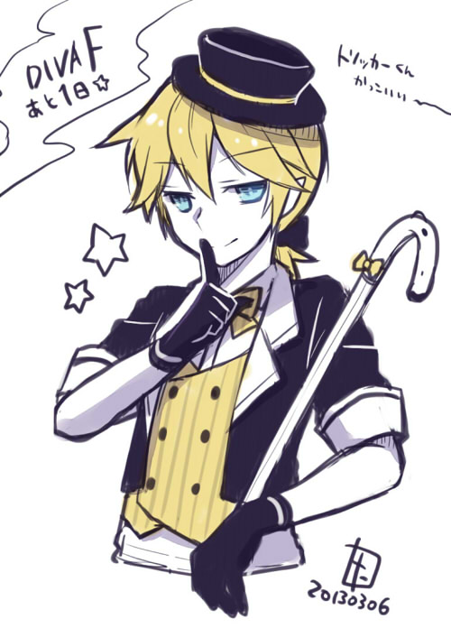 1boy blonde_hair blue_eyes cane dated finger_to_mouth gloves hat kagamine_len kagamine_len_(tricker) looking_at_viewer male_focus project_diva project_diva_(series) project_diva_f short_hair simple_background smile solo star_(symbol) tamura_hiro translation_request vocaloid white_background yumekui_shirokuro_baku_(vocaloid)