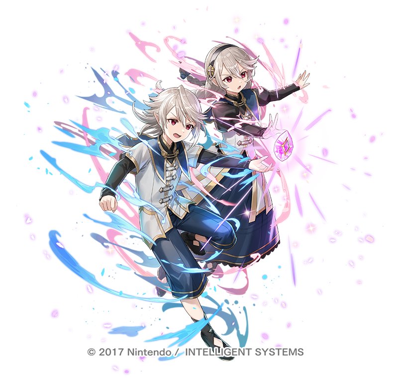 1boy 1girl attack black_hairband braided_twintails copyright_notice corrin_(female)_(fire_emblem) corrin_(female)_(young_kinship)_(fire_emblem) corrin_(fire_emblem) corrin_(male)_(fire_emblem) corrin_(male)_(young_kinship)_(fire_emblem) dragonstone dual_persona energy fire_emblem fire_emblem_fates fire_emblem_heroes grey_hair hairband matching_outfits mirror_twins nima_(niru54) nintendo official_art open_mouth pointy_ears red_eyes siblings simple_background twins twintails v-shaped_eyebrows white_background