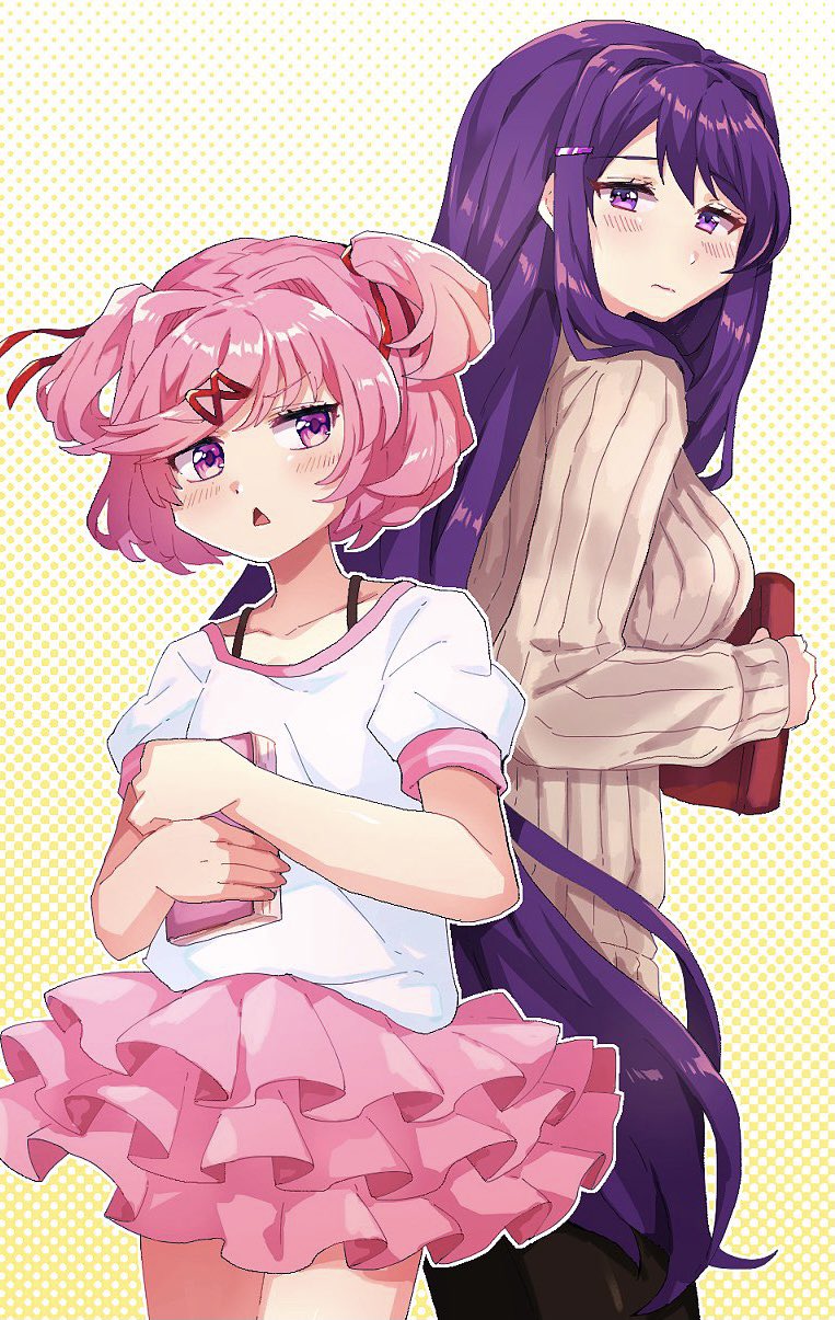 2girls blush bra_strap brown_sweater chiimako closed_mouth collarbone commentary doki_doki_literature_club eyelashes food hair_between_eyes hair_intakes hair_ornament hair_ribbon hairclip highres holding long_hair long_sleeves multiple_girls natsuki_(doki_doki_literature_club) pink_eyes pink_hair polka_dot polka_dot_background purple_eyes purple_hair red_ribbon ribbed_sweater ribbon shirt short_hair short_sleeves sidelocks simple_background smile sweater swept_bangs t-shirt tongue tongue_out triple_wielding turtleneck turtleneck_sweater two_side_up upper_body white_shirt x_hair_ornament yuri_(doki_doki_literature_club)