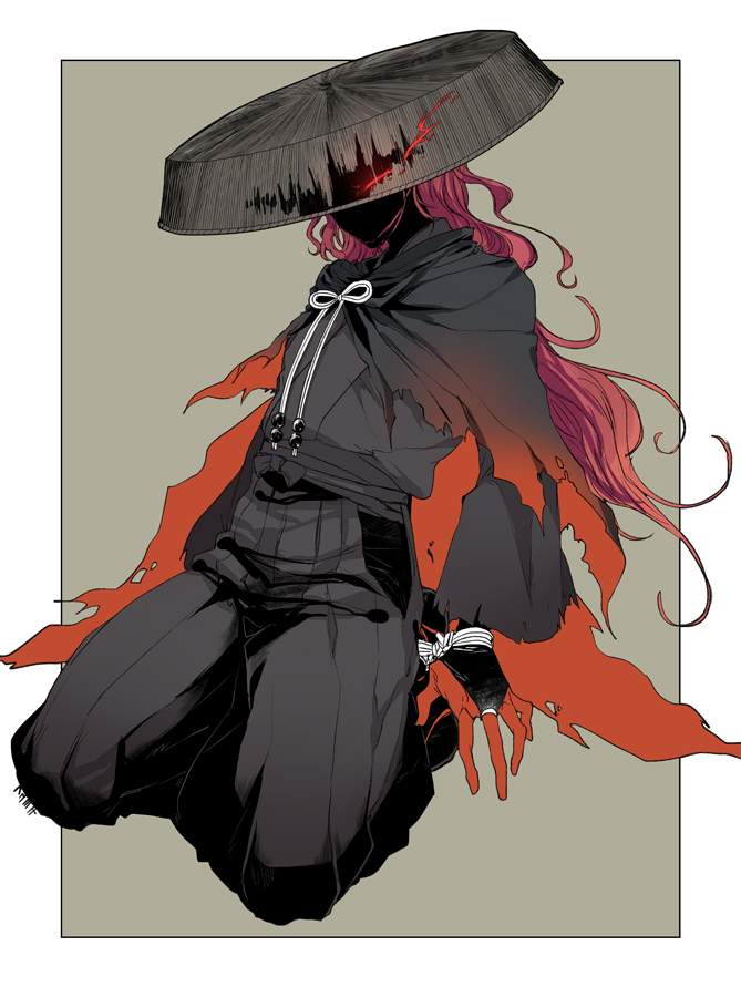 1boy alternate_costume black_hair blood_on_hands colored_skin cropped_legs fate/grand_order fate_(series) fingerless_gloves flaming_eye fu_yukari gloves glowing glowing_eye hair_over_one_eye hat japanese_clothes kimono koha-ace long_hair male_focus messy_hair okada_izou_(fate) okada_izou_(second_ascension)_(fate) red_hair red_skin sandogasa simple_background solo straw_hat torn_clothes yellow_eyes