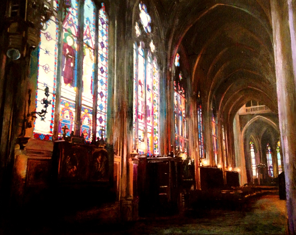 acrylic_paint_(medium) annabelle51 arch architecture christianity church commentary commentary_request cross english_commentary hallway indoors latin_cross mixed-language_commentary no_humans original painting_(medium) scenery stained_glass traditional_media