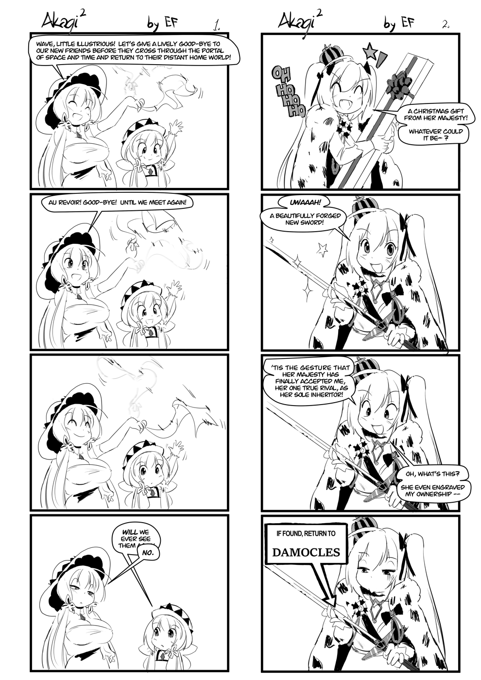 4koma aged_down azur_lane cape cloak comic crown english_text ethan_forsythe fake_wings fourth_wall fur-trimmed_cape fur-trimmed_cloak fur_cape fur_trim greyscale hat highres illustrious_(azur_lane) left-to-right_manga little_illustrious_(azur_lane) mini_crown monochrome multiple_4koma twintails valiant_(azur_lane) waving wings