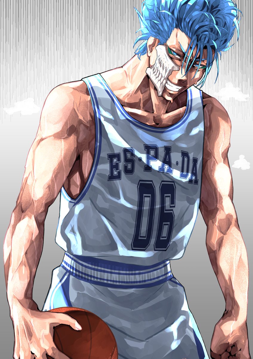 1boy ball bare_shoulders basketball basketball_uniform bleach blue_eyes blue_hair broken_mask collarbone cowboy_shot dakaeya english_text espada facial_mark grimmjow_jaegerjaquez hair_between_eyes highres holding holding_ball jersey male_focus mask muscular muscular_male pants sleeveless smirk solo sportswear sweat white_pants