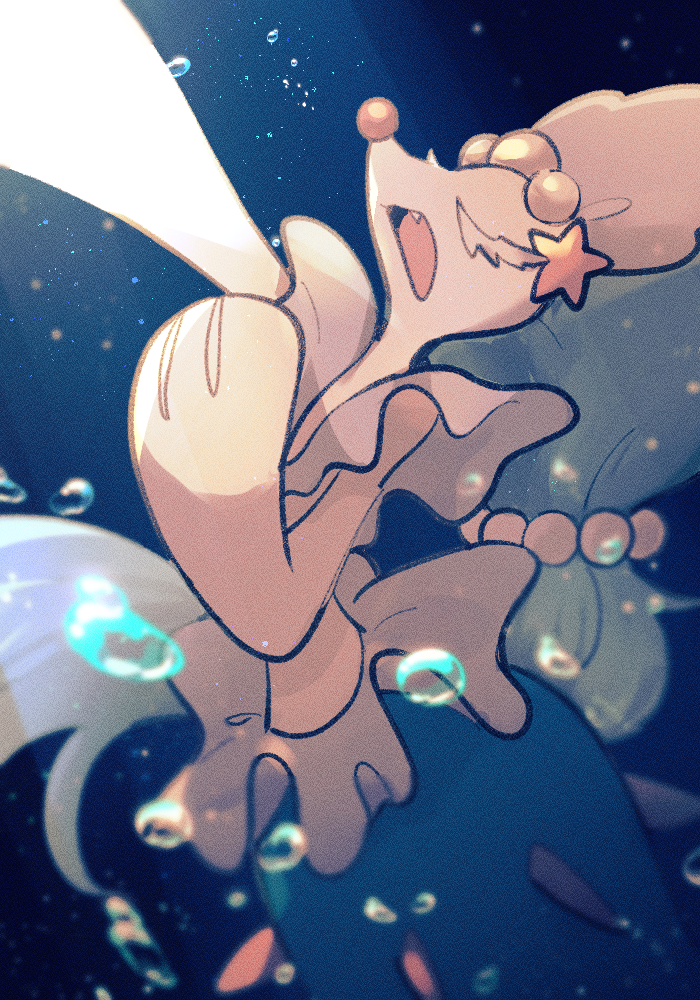 air_bubble arm_up blue_hair bubble closed_eyes colored_eyelashes colored_skin fang gen_7_pokemon long_hair nintendo no_humans open_mouth pokemon pokemon_(creature) pokemon_focus primarina sstoh underwater very_long_hair white_eyelashes white_skin
