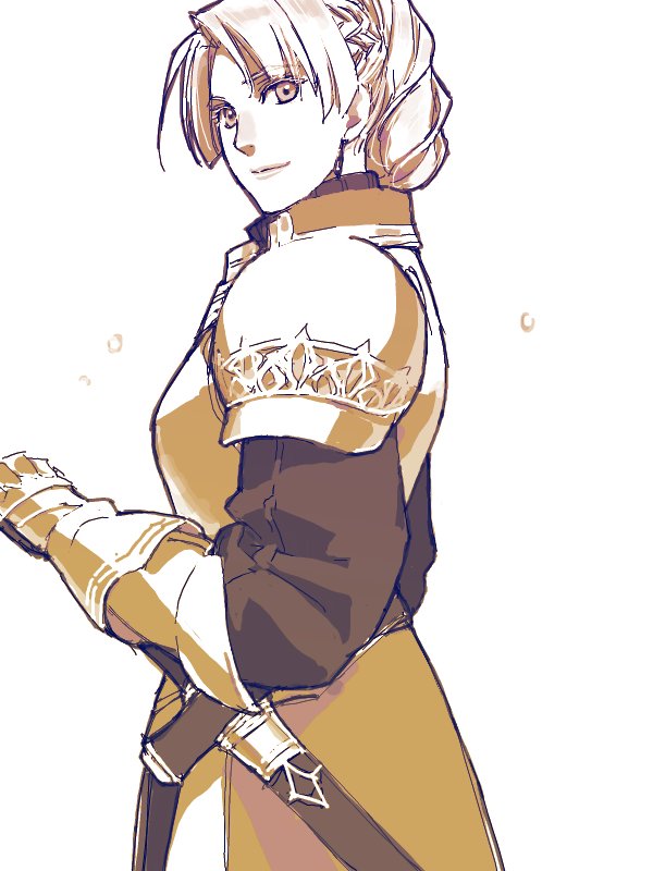 1girl armor braid chris_lightfellow closed_mouth french_braid gensou_suikoden gensou_suikoden_iii gloves looking_at_viewer mikisato monochrome short_hair simple_background smile solo sword weapon white_background