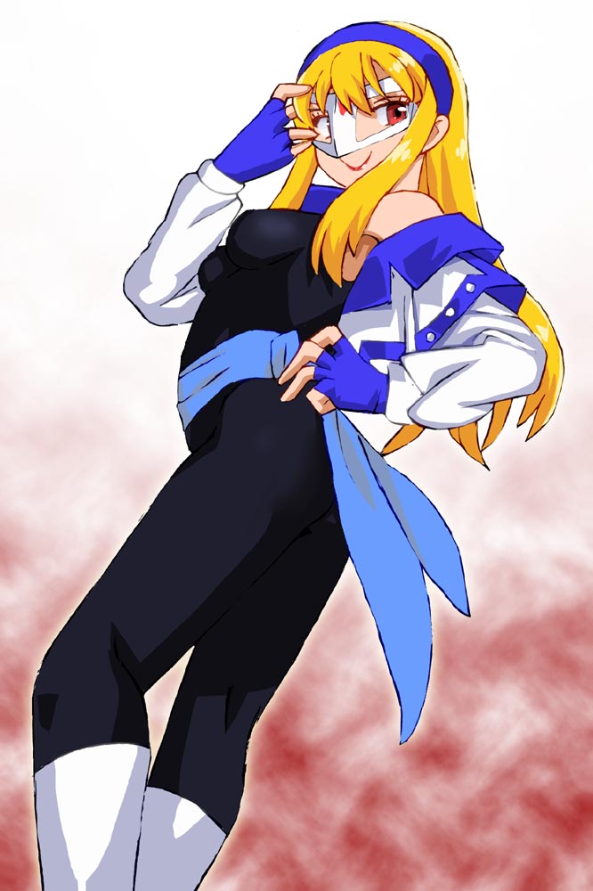 1girl blonde_hair bodysuit bow breasts gear_senshi_dendou hair_bow jacket medium_breasts smile solo standing straight_hair vega_(dendoh) white_jacket