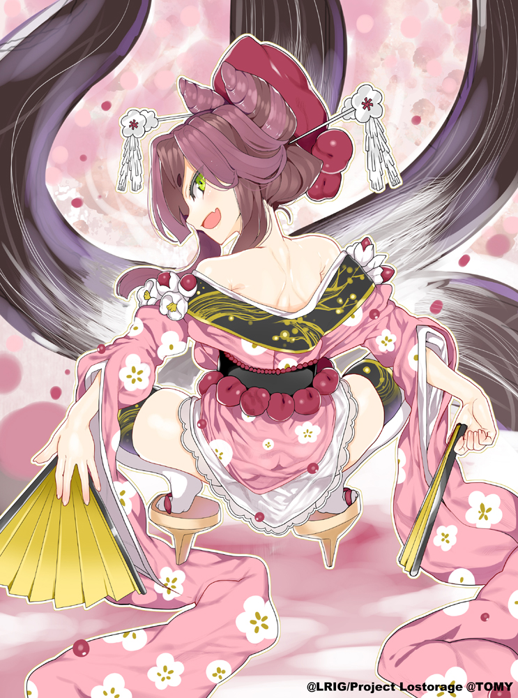 1girl brown_footwear brown_hair char commentary_request female_focus fingernails floral_print folded_fan folding_fan geta hair_ornament hand_fan holding holding_fan japanese_clothes kimono long_sleeves obi off_shoulder official_art open_clothes open_kimono pink_kimono print_kimono sash short_eyebrows sidelocks solo spread_legs squatting tengu-geta thick_eyebrows thighhighs watermark white_thighhighs wide_sleeves wixoss
