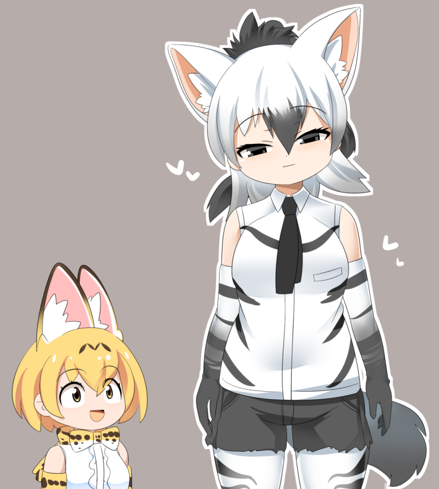 2girls aardwolf_(kemono_friends) animal_ears animal_print black_eyes black_gloves black_hair black_necktie black_shorts blush bow bowtie breasts cat_ears cat_girl closed_mouth collared_shirt commentary_request cowboy_shot elbow_gloves gloves grey_background hair_between_eyes heart kemono_friends leopard_print lets0020 long_bangs looking_at_another looking_at_viewer medium_breasts multicolored_hair multiple_girls necktie open_mouth outline print_bow print_bowtie serval_(kemono_friends) shirt shorts simple_background sleeveless sleeveless_shirt smile tail two-tone_hair white_gloves white_hair white_outline white_shirt wolf_ears wolf_girl wolf_tail yellow_eyes