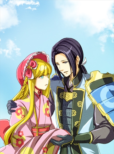 akechi_mitsuhide_(sengoku_musou) arm_around_shoulder armor blonde_hair blue_eyes blunt_bangs floral_print grey_eyes holding_hands japanese_clothes kimono long_hair looking_at_another nintendo npc_trainer obi parted_bangs poke_ball_print pokemon pokemon_conquest ponytail purple_hair sash sengoku_musou sky sleeves_past_wrists