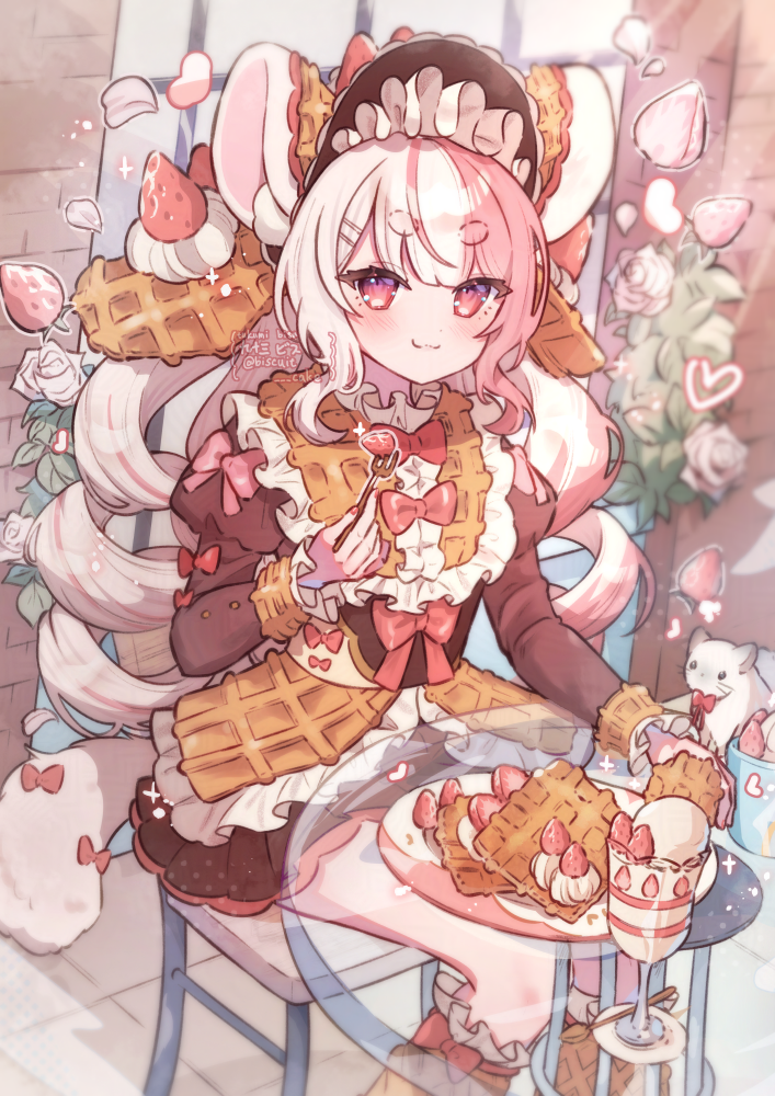 1girl animal_ears artist_name blush brown_dress brown_hat brown_socks closed_mouth commentary cup dress drinking_glass feet_out_of_frame food fork frilled_dress frilled_socks frills fruit glass_table hair_ornament hairclip hand_up hat holding holding_fork juliet_sleeves kneehighs long_hair long_sleeves looking_at_viewer mouse_(animal) mouse_ears mouse_girl mouse_tail on_chair original pink_hair puffy_sleeves red_eyes sitting smile socks solo strawberry symbol-only_commentary table tail thick_eyebrows tsukumi_bis twintails twitter_username waffle