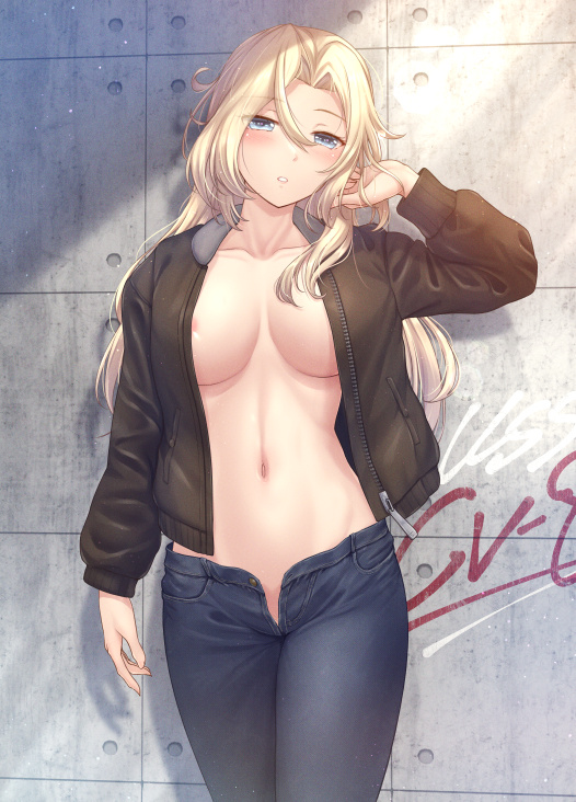 1girl alternate_costume areola_slip black_jacket blonde_hair blue_eyes blue_pants blush bomber_jacket breasts breasts_apart collarbone commentary_request cowboy_shot denim hair_between_eyes half-closed_eyes hand_in_own_hair hornet_(kancolle) jacket jeans kantai_collection large_breasts long_hair long_sleeves looking_at_viewer medium_breasts midriff navel no_bra no_panties open_clothes open_fly open_jacket open_shirt pants parted_lips ryu-akt solo standing stomach unzipped
