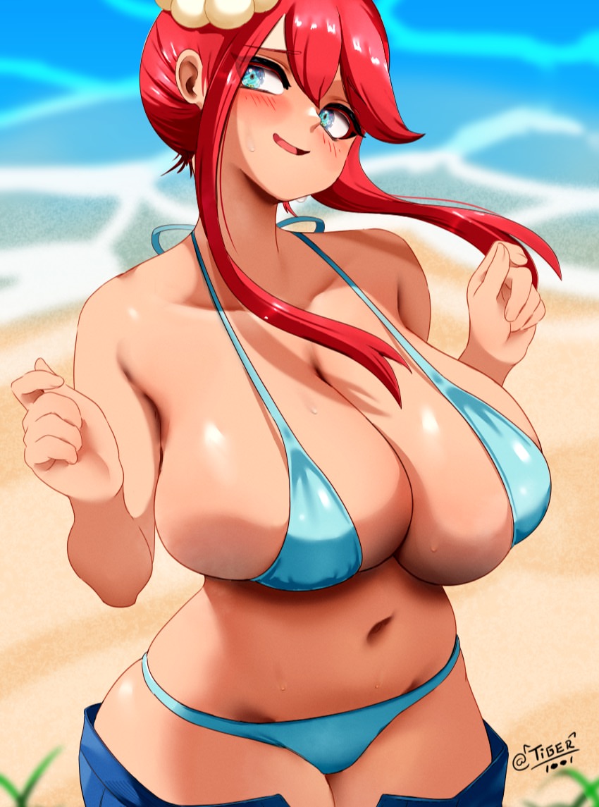 1girl bikini blue_eyes blush breasts clothes_pull dark-skinned_female dark_skin large_breasts long_hair looking_to_the_side nintendo ocean pokemon pokemon_bw pokemon_masters_ex red_hair sand shorts shorts_pull skyla_(pokemon) skyla_(summer_2025)_(pokemon) swimsuit tiger1001 water
