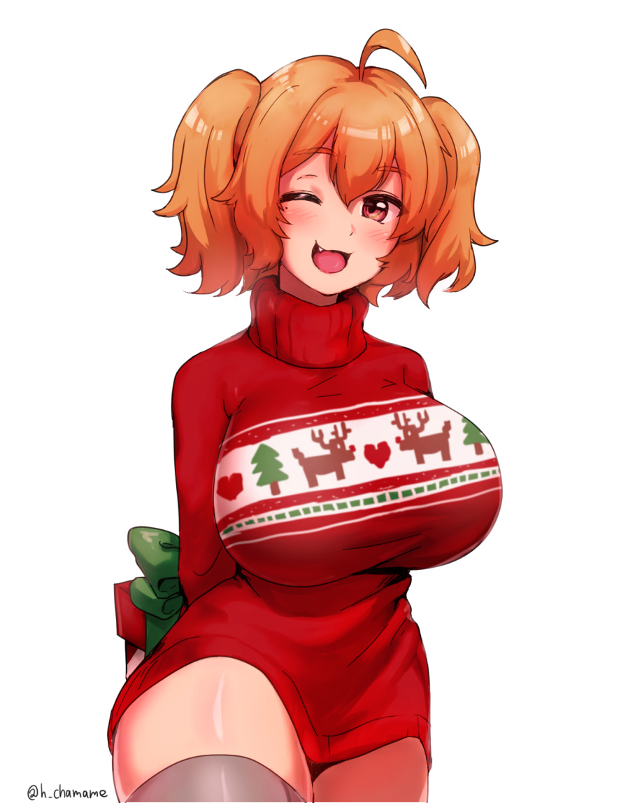 :d ahoge arms_behind_back blush bottomless breasts cerberus_(last_origin) chamame christmas christmas_sweater fang gift holding holding_gift holiday_sweater large_breasts last_origin medium_hair one_eye_closed open_mouth orange_eyes orange_hair simple_background smile sweater thighhighs turtleneck twintails white_background