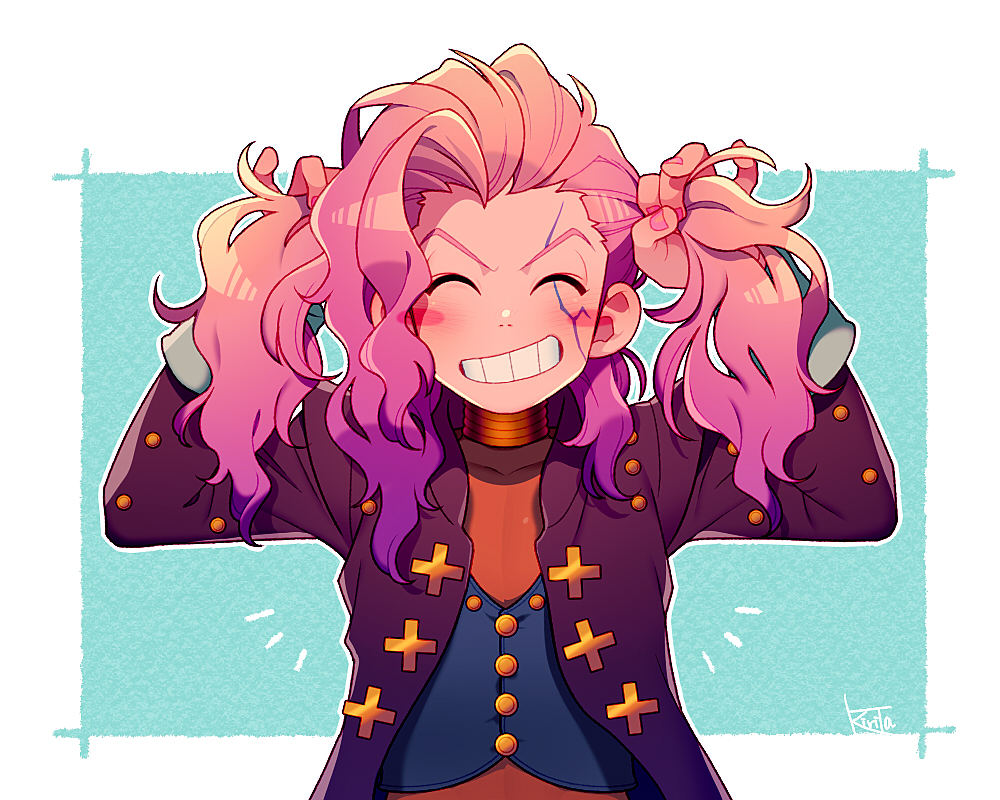 1boy blue_vest blush border bunching_hair closed_eyes coat diamond_wa_kudakenai facing_viewer grin happy jojo_no_kimyou_na_bouken kiri_futoshi long_sleeves male_focus nail_polish nostrils orange_shirt otoishi_akira pink_hair pink_nails purple_coat shirt signature smile upper_body vest white_border