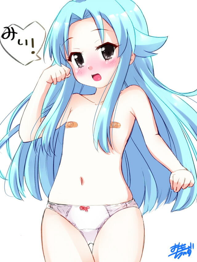 1girl :d bandaid bandaids_on_nipples black_eyes blue_hair blush bow bow_panties female_focus flat_chest haiyore!_nyaruko-san long_hair looking_at_viewer navel no_pants omochi_(chirori01) open_mouth panties pasties personification shantak_(nyaruko-san) signature smile solo topless_female underwear underwear_only white_panties