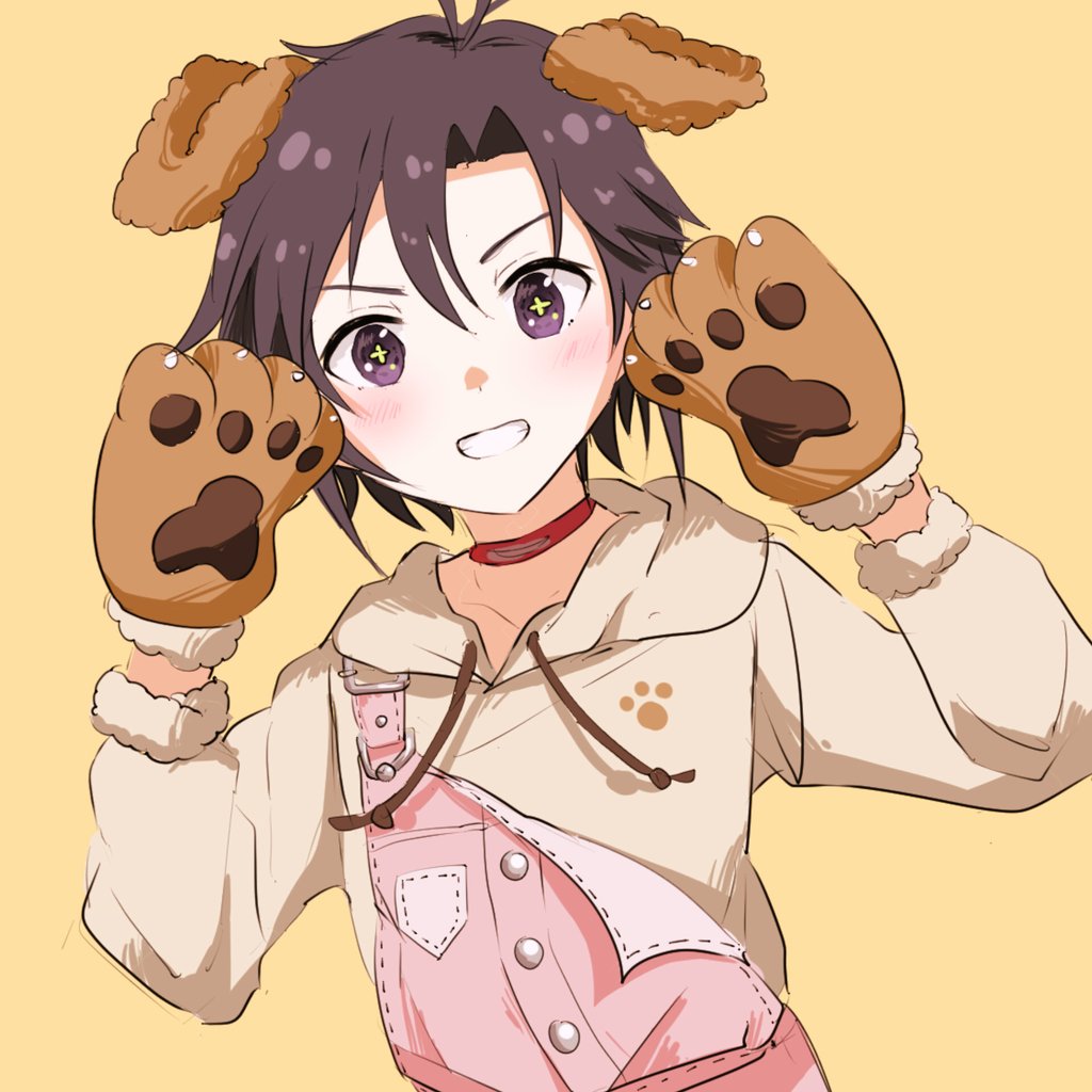 1girl :d animal_ears animal_hands antenna_hair blush breast_pocket brown_eyes brown_gloves brown_hair brown_hoodie choker collarbone commentary dog_ears dog_girl drawstring fake_animal_ears floppy_ears fur-trimmed_gloves fur-trimmed_hoodie fur_trim gloves grin hair_between_eyes hashtag-only_commentary hood hood_down hoodie idolmaster idolmaster_(classic) idolmaster_million_live! idolmaster_million_live!_theater_days kikuchi_makoto leaning_to_the_side open_mouth overalls parted_lips paw_gloves paw_print pink_overalls pocket red_choker sakuya_(mktgsk0099) simple_background smile solo sparkle sparkling_eyes star_(symbol) strap_slip tomboy upper_body v-shaped_eyebrows yellow_background