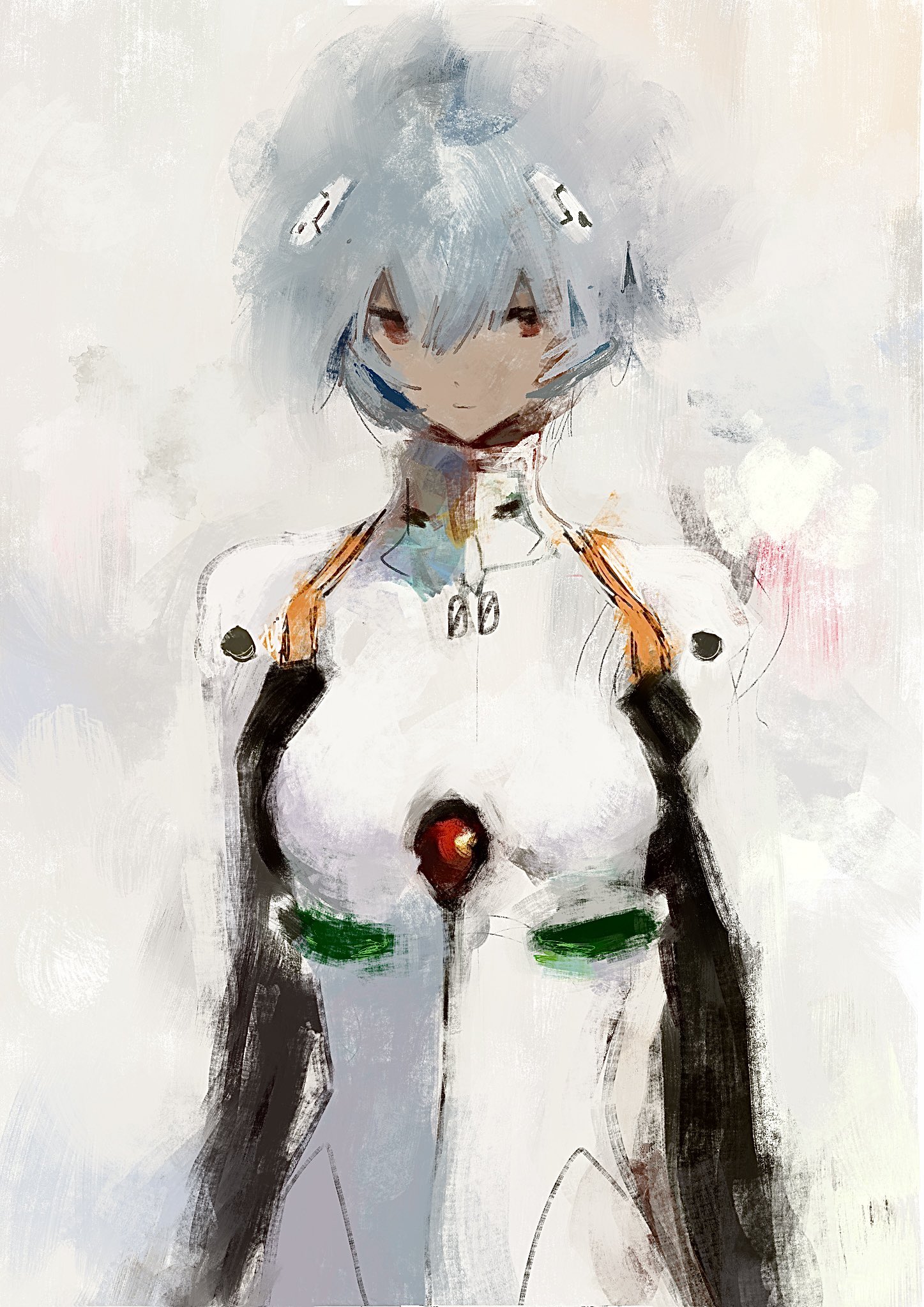 1girl ayanami_rei blue_hair bodysuit breasts expressionless formal_clothes fuyumurasaki hair_between_eyes highres mecha_pilot_suit neon_genesis_evangelion plugsuit_(evangelion) red_eyes short_hair sketch solo standing suit upper_body white_suit