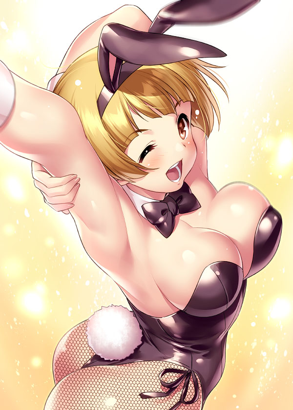 1girl animal_ears arm_behind_head arm_up armpits ass bare_shoulders black_bow black_bowtie black_leotard blonde_hair blush bow bowtie breasts brown_eyes cleavage detached_collar fake_animal_ears female_focus fishnet_pantyhose fishnets fukuda_noriko idolmaster idolmaster_million_live! large_breasts leotard looking_at_viewer one_eye_closed open_mouth pantyhose playboy_bunny rabbit_ears rabbit_tail short_hair smile solo strapless strapless_leotard stretching tail wrist_cuffs zen