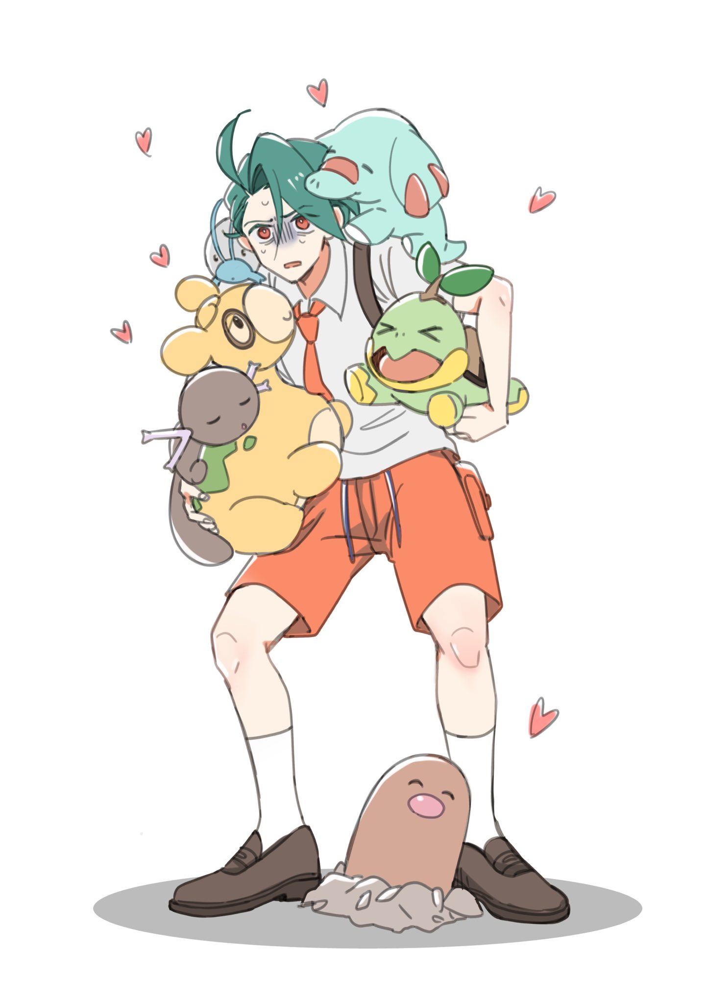>_< 1girl :o =_= ^_^ ahoge alternate_costume androgynous backpack bag barboach brown_footwear carrying carrying_under_arm closed_eyes collared_shirt commentary cosplay diglett full_body gen_1_pokemon gen_2_pokemon gen_3_pokemon gen_4_pokemon green_hair heavy highres holding holding_pokemon juliana_(pokemon) juliana_(pokemon)_(cosplay) kneehighs legs_apart loafers necktie nikomako-riff nintendo numel on_shoulder open_mouth orange_necktie orange_shorts paldean_wooper phanpy pokemon pokemon_(creature) pokemon_on_shoulder pokemon_sv red_eyes rika_(pokemon) shirt shoes short_hair shorts simple_background socks standing swept_bangs turtwig white_background white_shirt white_socks