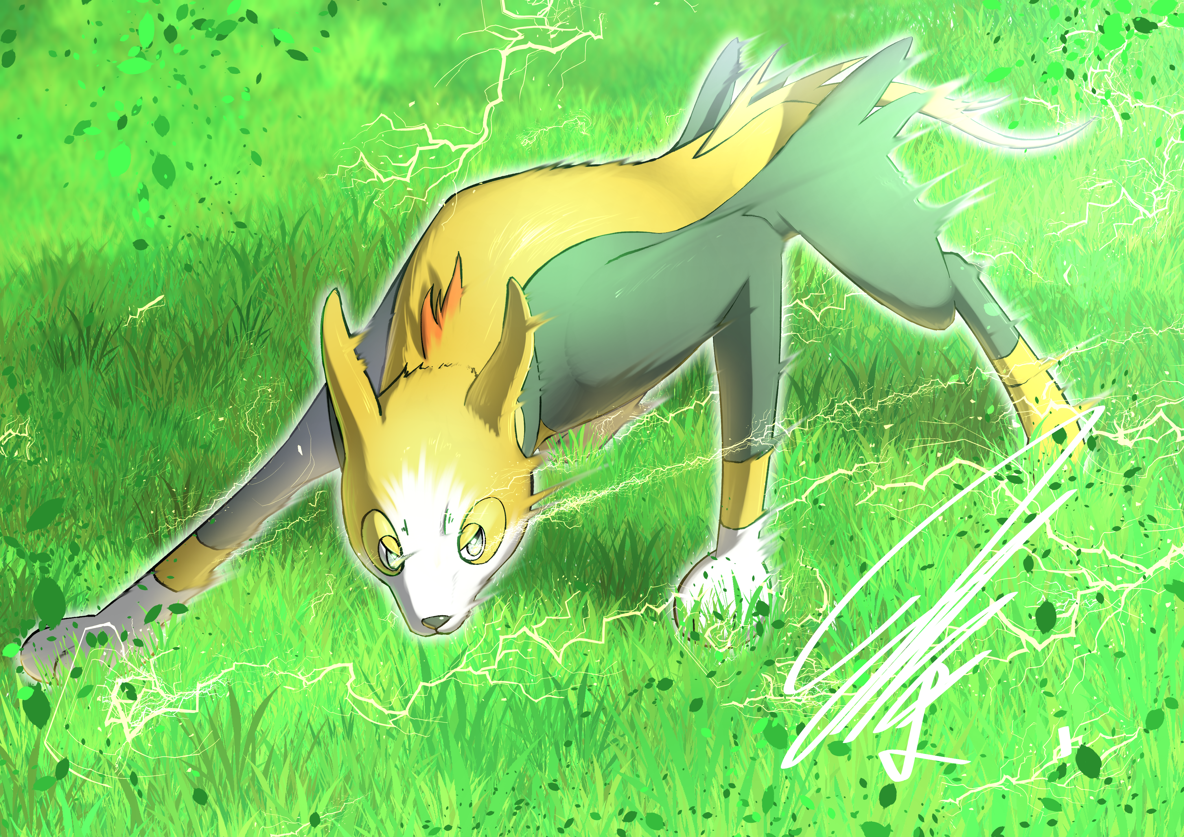 absurdres animal_hands aura boltund dynamic_pose electricity fighting_stance from_above full_body game_freak gen_8_pokemon glowing grass green_fur highres leaf looking_at_viewer mitsukuma448 nintendo no_humans nose pokemon pokemon_(creature) short_tail signature solo tail white_fur yellow_fur