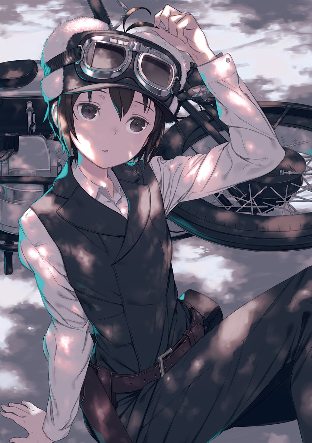 1girl androgynous antenna_hair arm_support arm_up belt_buckle belt_pouch black_eyes black_hair black_pants black_vest buckle cover_image dappled_sunlight dengeki_bunko dress_shirt fur_hat gakuen_kino goggles goggles_on_headwear hat head_tilt hermes_(kino_no_tabi) highres kino_(kino_no_tabi) kino_no_tabi kuroboshi_kouhaku long_sleeves motor_vehicle motorcycle novel_illustration official_art on_ground pants parted_lips pouch reverse_trap second-party_source shirt short_hair sitting solo sunlight textless_version ushanka vest white_shirt